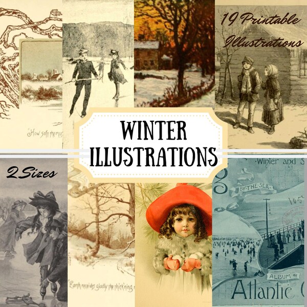 Winter Illustrations Download from Turn of the Century for Junk Journals, Scrapbooking, Greeting Cards, Paper Crafts, 2 Sizes, Vintage Decor