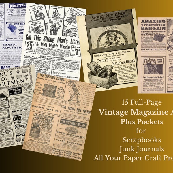 15 Vintage Magazine Ad Pages 1900s to 1930s plus Ephemera Digital Download for Scrapbooks, Junk Journals, Creative Crafts