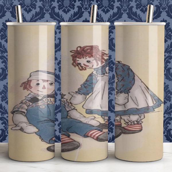 Raggedy Ann and Andy Illustration Tumbler Sublimation Wrap, 20oz, 30oz, Skinny and Tapered, Vintage Lovers, Children's Book Fans