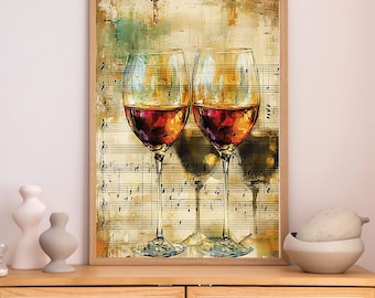 Wine and Music Art Print, Vintage Sheet Music (Digital Download)