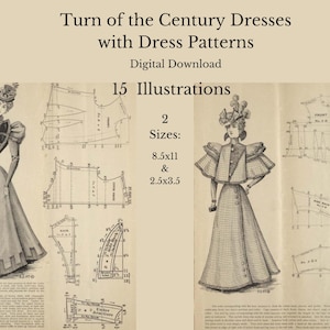 Vintage jurkpatroon illustraties jaren 1800, ongewenste tijdschriften, scrapbooking, kunst aan de muur, naaicadeau, modedecor, antiekliefhebbers, volledige pagina, ATC