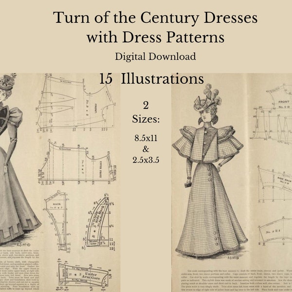 Vintage Dress Pattern Illustrations 1800s, Junk Journals, Scrapbooking, Wall Art, Sewing Gift, Fashion Decor, Antique Lovers