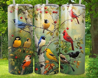 Spring Birds Tumbler Sublimation Wrap 20 oz Skinny Instant Download Commercial Use, Bird Lover Gift, Nature Decor
