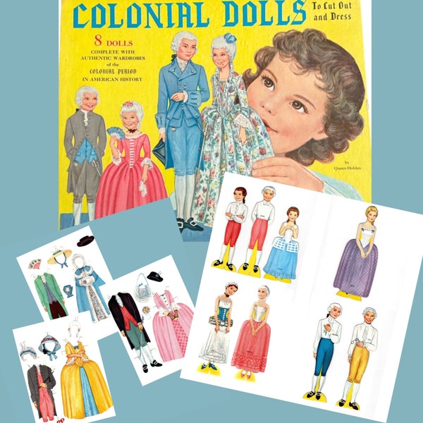 Colonial Paper Dolls from 1960 by Queen Holden, Digital Download, 8 Dolls, 15 Pages of Authentic Clothes and Accessories