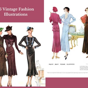 Elegante mode-illustraties uit de jaren 1930 - wordt geleverd in 2 maten, ideaal voor ongewenste tijdschriften, wanddecoratie, woondecoratie, modefans, liefhebbers van antieke kleding