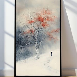 Art mural hiver téléchargement immédiat, inspiré de Tyrus Wong, 6 tailles, décoration hivernale, cadeaux des fêtes, usage commercial