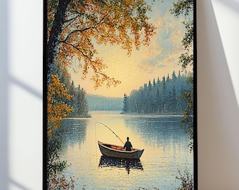 Lake Fishing Sunset Art Print: Nature Landscape Man Cave Decor (Digital Download)