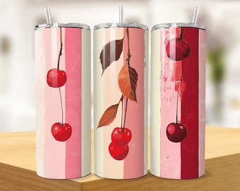 Vintage Cherries Handpainted Tumbler Sublimation Wrap 20 oz Seamless Skinny Instant Download, Cherry Lovers Gift, Summer Decor, Cottagecore