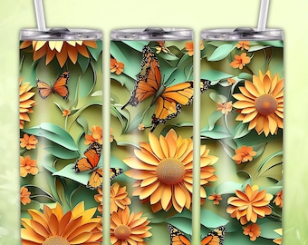 Flower Butterfly Tumbler Wrap: 3D Floral Design (20oz Skinny, Digital Download)