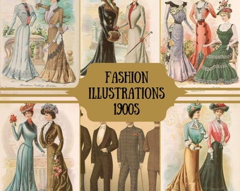 Illustrations de mode des années 1900, clipart à téléchargement immédiat, arrière-plan transparent, journaux indésirables, scrapbooking, cartes, amateurs de mode