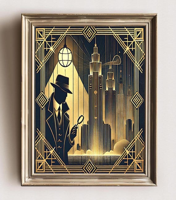 Art Deco Detective Cityscape Print: Noir Mystery Wall Art (digital