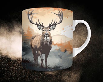 Deer in Forest Mug Sublimation Template: Hunter Gift (Digital Download 11oz & 15oz PNGs)