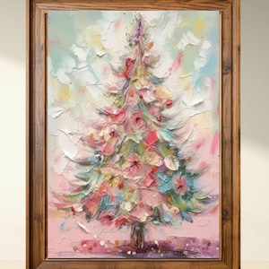 Pastel Tree Oil Painting Wall Art Download, Holiday Decor, Christmas Art, Pastel Christmas, Instant Download, 5 Sizes, Christmas Lovers Gift