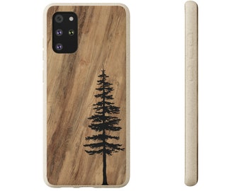 Biodegradable Case tree silhouette on wood grain Galaxy case gift iPhone eco case plastic free earth tones phone c ase minimalist tan wood