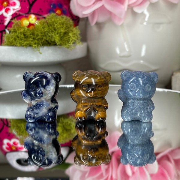 Crystal Teddy Bear Trio Sodalite Blue Aventurine Tigers Eye Crystal Bear Carving Kawaii Cute Yellow Banded Gem Collector Teddy Nerdy Gift