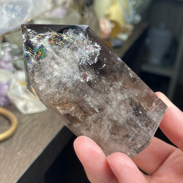 AAA Chunky Smoky Quartz Natural Rainbow Obelisk Natural Smoky Tower Quality Brazil Smokey Quartz Rainbow Crystal Home Decor Quartz Point