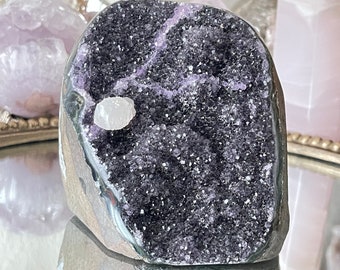 Black Amethyst Cut Base Geode: Sugar Druzy Crystal with Quartz Bud