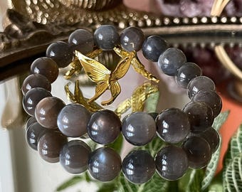 Black Sunstone Moonstone Bracelet: Flashy Gemstone Jewelry, 11.9mm Beads