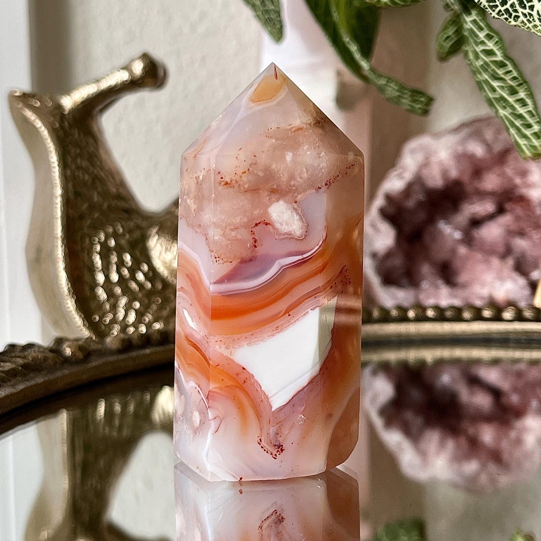 Madagascar Pink Carnelian Flower Agate Tower: UV Reactive Crystal