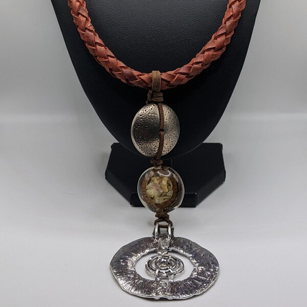 Vintage Tribal Leather-Cord Resin and Silver Tone Pendant Necklace