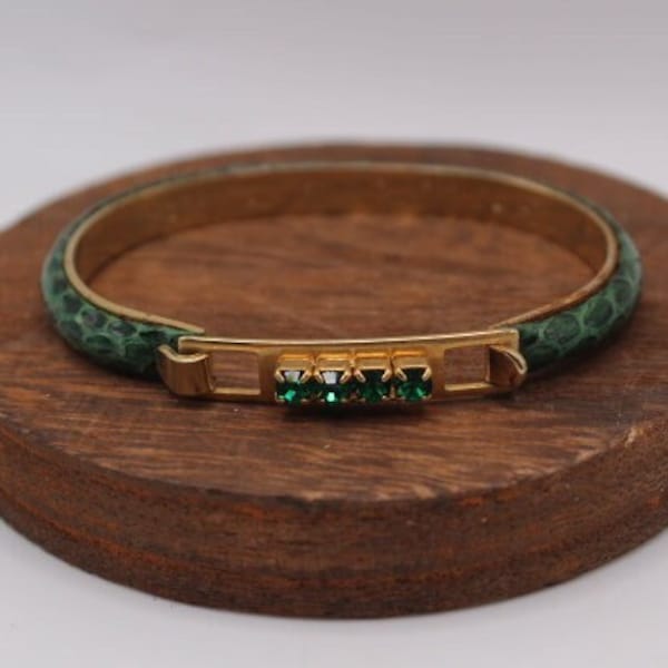 Vintage *RARE* Italian 24k Gold Plated Green Snakeskin Bangle Bracelet with Rhinestones