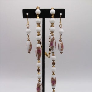 Vintage Pink Floral and Gold Tone Beaded Matching Necklace and Earrings Set