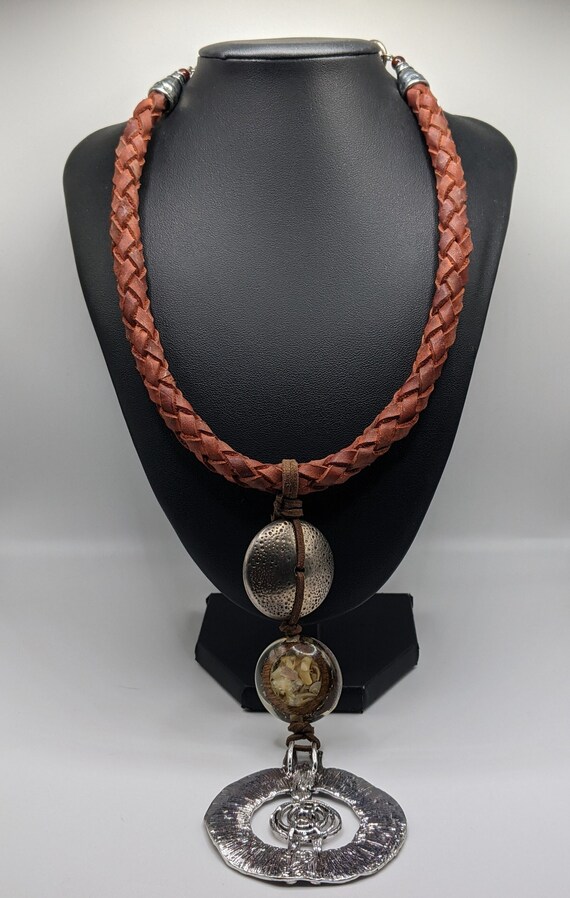 Vintage Tribal Leather-Cord Resin and Silver Tone 