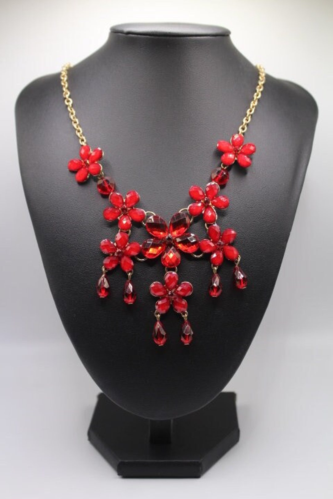 EL Designs Vintage Gold Tone Red Flower Bib Necklace - Etsy