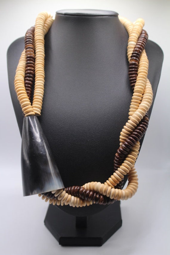 1980s Monies Style Horn and Wood Beaded Necklace