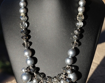 Chunky Silvertone Beaded Dangle Bib Statement Necklace