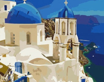 Santorini View Painting by Numbers set. A relaxing, therapeutic and rewarding hobby producing great results every time. Easy to hang at home