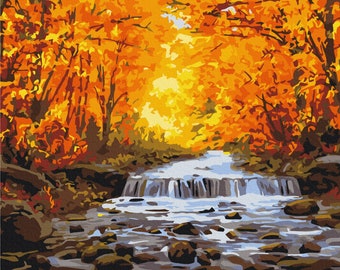 Waterfall in Autumn Paint by Numbers set. A relaxing and therapeutic hobby producing great results every time. Easy to hang anywhere.