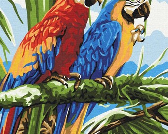Colourful Parrots Painting by Numbers Set. A Relaxing and Therapeutic Hobby producing great art for your home. Very easy to hang anywhere.