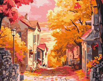 Autumn Sunset Paint by Numbers set. A relaxing, therapeutic and rewarding hobby producing great results every time. Easy to hang at home.