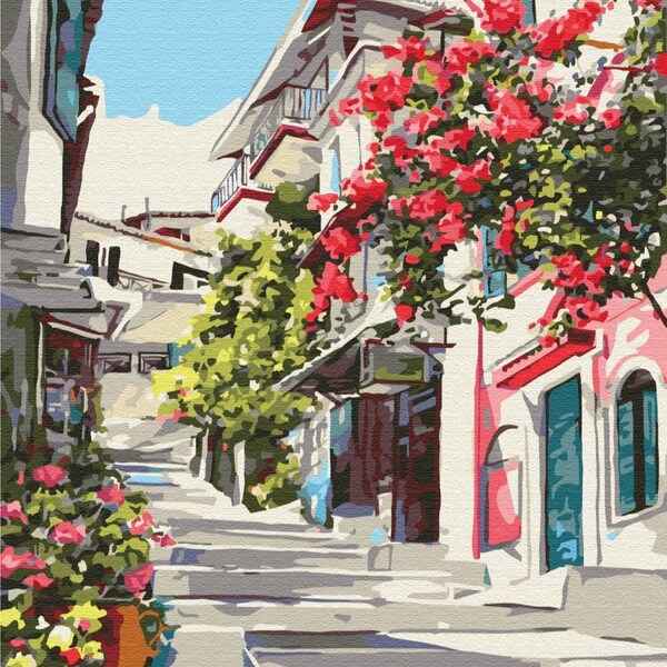 Greek Street Paint by Numbers kit. Relaxing, therapeutic and rewarding hobby producing great art every time. Very easy to hang at home.