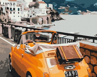 Retro Car in Italy Paint by Numbers set. A relaxing and therapeutic hobby always producing great results. Easy to paint and hang at home.