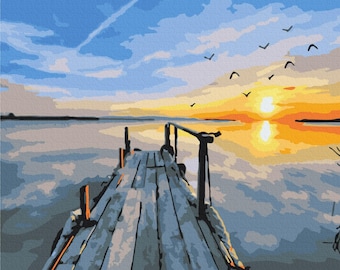 Pier Sunset Paint by Numbers set. Relaxing and therapeutic  hobby producing great art every time. Very easy to paint and hang at home.