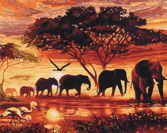 Elephants in Savannah Paint by Numbers set. Relaxing and Therapeutic  Hobby producing great art for your home. Very easy to hang anywhere