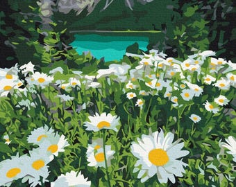 Daisies in Mountain Paint by Numbers Set. A Relaxing and Therapeutic Hobby producing great art for your home. Easy to do and hang anywhere.
