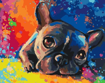 Rainbow Frenchie  Paint by Numbers set. A relaxing, rewarding and therapeutic hobby producing great results. Easy to hang at home or work