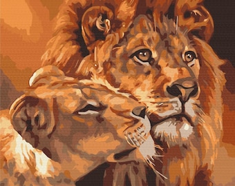 Lion Love Paint by Numbers Set. Relaxing and Therapeutic hobby producing great art for your home. Very easy to hang at home or anywhere.
