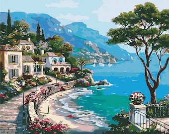 Italian Beautiful Beach Paint by Numbers set. A relaxing and therapeutic hobby always producing great results. Easy to hang at home or work.