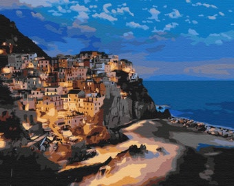 Manarola, Italy Paint by Numbers kit. Relaxing, therapeutic and very rewarding hobby producing great art. Perfect to hang at home or work