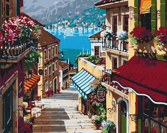 Italian Lake Paint by Numbers set. A relaxing, therapeutic and rewarding hobby producing great results every time. Easy to hang at home.