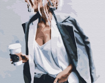Coffee Break Girl Paint by Numbers set. A relaxing and therapeutic hobby producing great results every time. Easy to hang at home or work