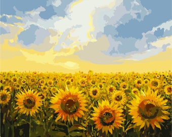 Sunflower Field Paint by Numbers set. Relaxing and Therapeutic hobby producing great results every time. Framed so easy to hang anywhere.