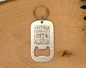 Stainless steel bottle opener - keychain with engraving - Birthday 1974