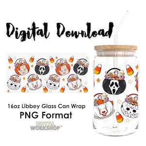 Spooky Horror Buckets Halloween Cartoon Character Design I PNG, Digital Download, 16oz Libbey Glass Can UVDTF Cup Wrap Design