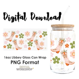 Retro Blumen Gänseblümchen Cowgirl Stiefel I PNG, digitaler Download, 16 Unzen Libbey Glasdose UVDTF Cup Wrap Design