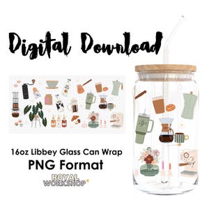 Coffee Addict Essentials I PNG, Digital Download, 16oz Libbey Glass Can UVDTF Cup Wrap Design